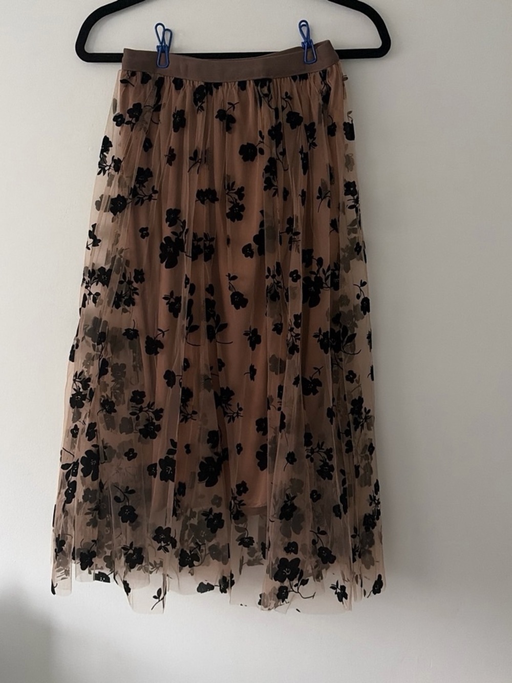Women's Floral Mesh Midi Skirt - Brown with Black Floral